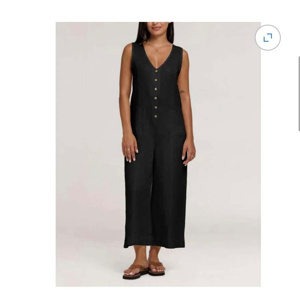 Women's Sleeveless Cotton Linen Blend V-Neck Button-Down Wide-Leg Jumpsuit - Picture 3 of 15